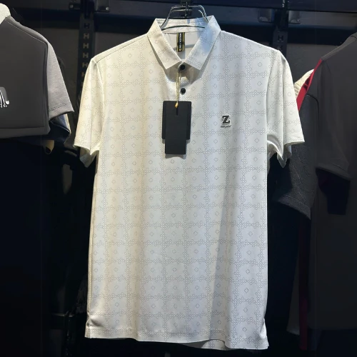 Men's White Polo Shirt with Subtle Pattern and Logo