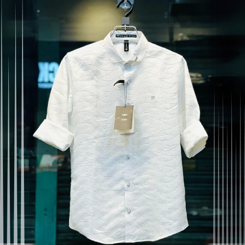 Crisp & Trendy: Men's White Shirt with Wave Design