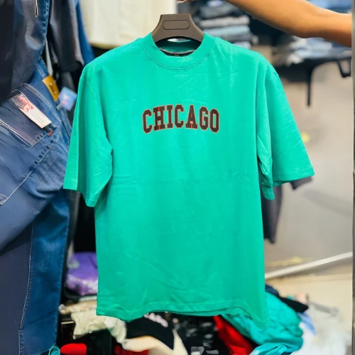 CHICAGO Printed | Green Cotton DropSholder T-Shirt for Men - Trendy & Comfortabl