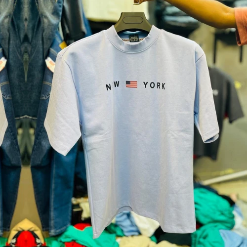 New York Printed | Light Blue Colour Cotton DropShoulder T-Shirt for Men