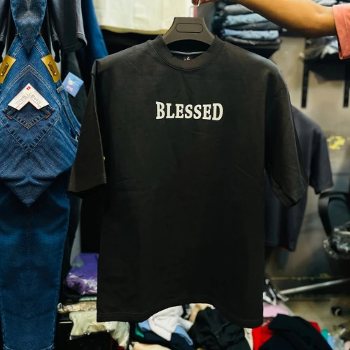 BLESSED Printed | Black Colour Cotton DropShoulder T-Shirt for Men