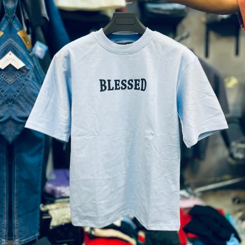 BLESSED Printed | Light Blue Colour Cotton DropShoulder T-Shirt for Men