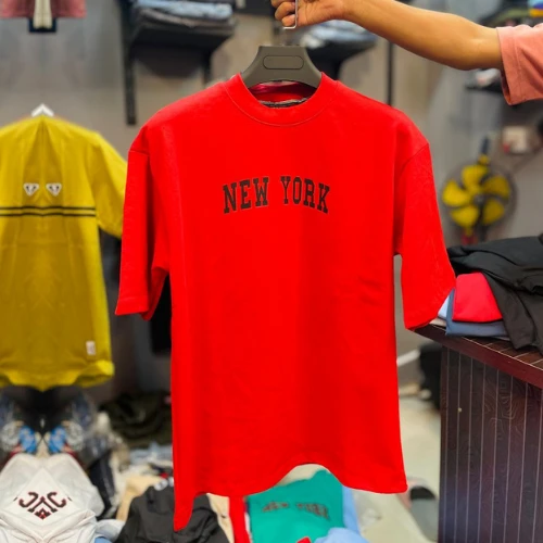 New York Printed | Red Cotton DropShoulder T-Shirt for Men